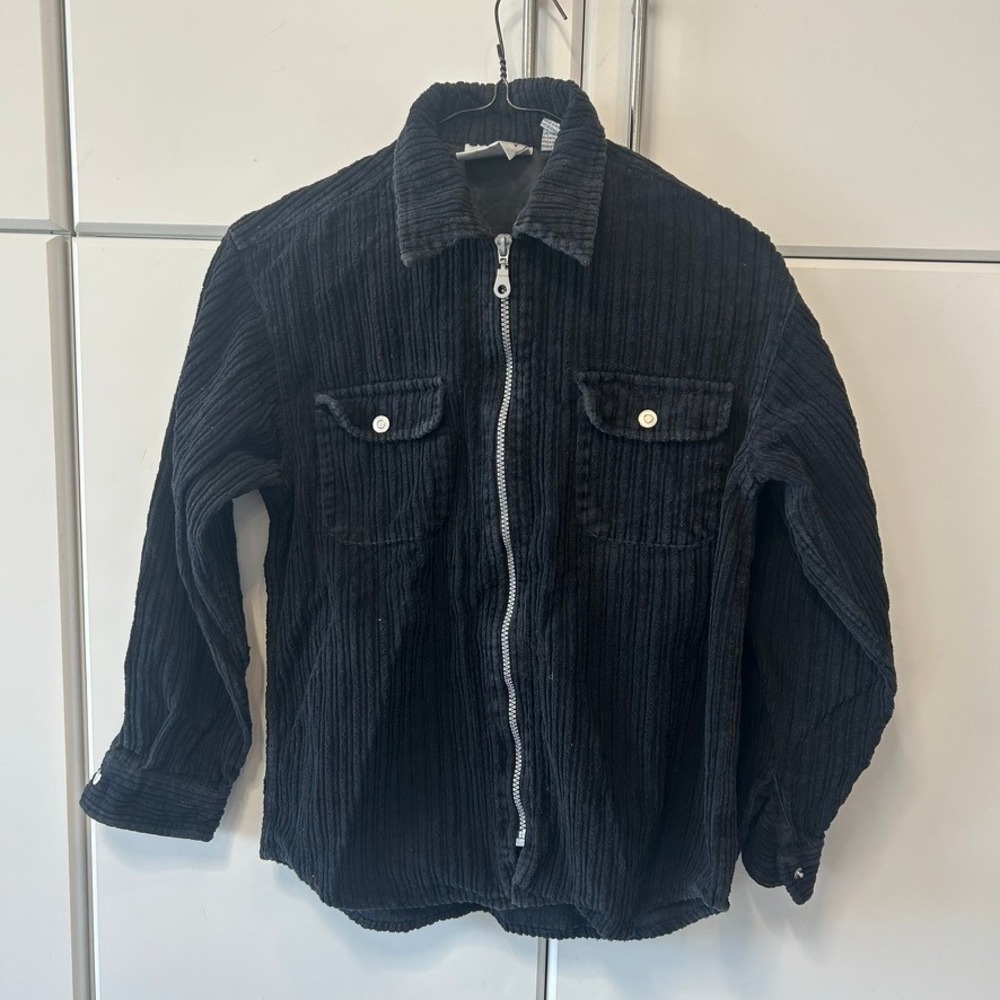 Curfew Black Corduroy Zip Up Jacket Wide Wale Cotton Mens Size M 12-14 Vintage